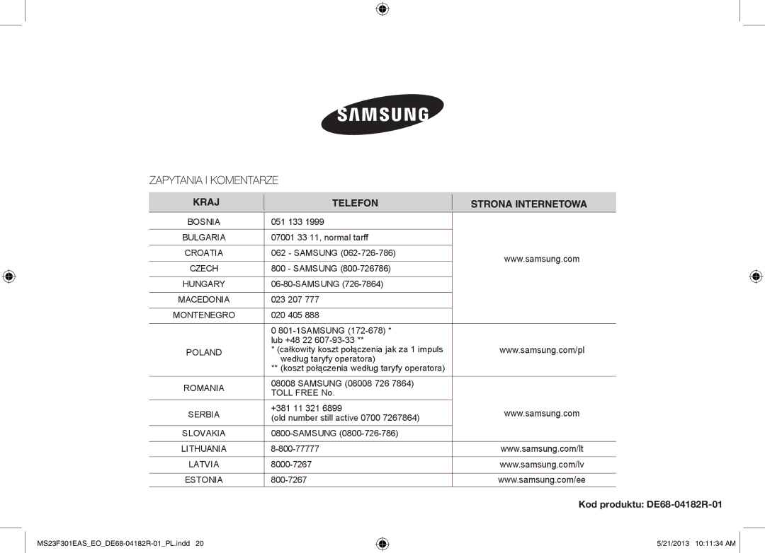 Samsung MS23F301ELW/EO, MS23F301EAS/EG, MS23F301ELW/EG, MS23F301EAS/EO, MS23F301EAW/EO manual Kod produktu DE68-04182R-01 