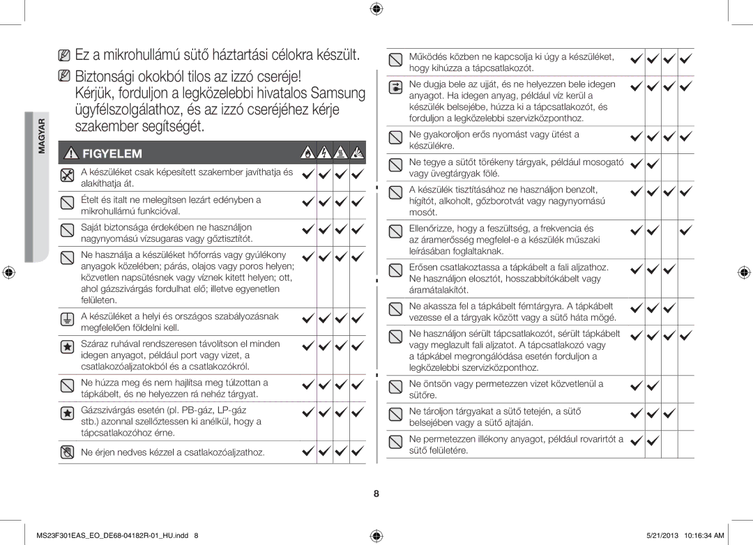 Samsung MS23F301EAW/EO, MS23F301EAS/EG, MS23F301ELW/EG manual Biztonsági okokból tilos az izzó cseréje, Szakember segítségét 