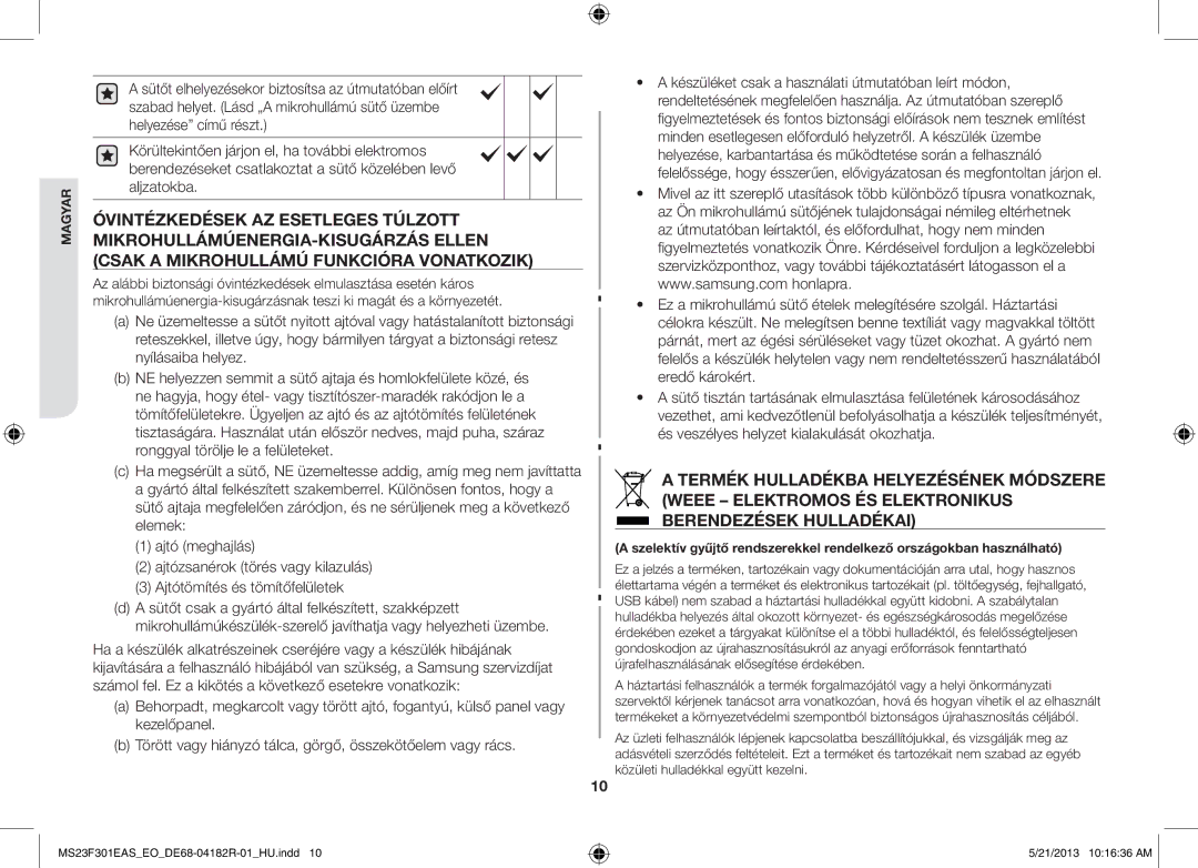 Samsung MS23F301EAS/EG, MS23F301ELW/EG, MS23F301ELW/EO, MS23F301EAS/EO, MS23F301EAW/EO, MS23F301EAW/SW manual Magyar 