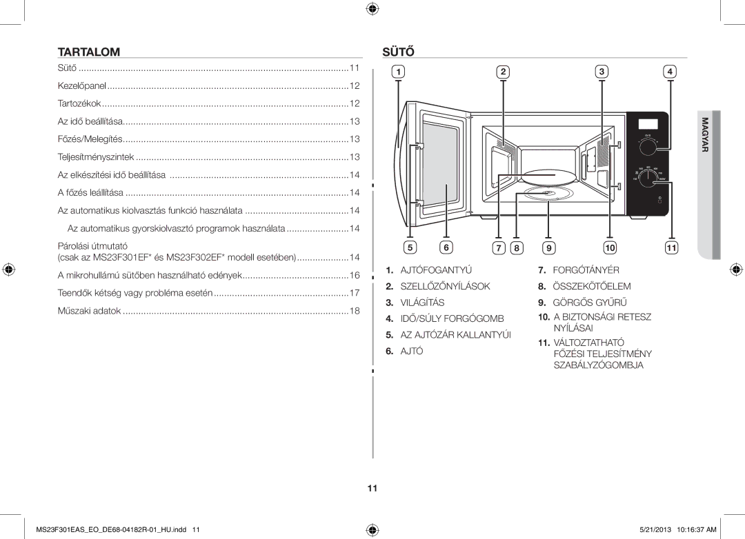 Samsung MS23F301ELW/EG, MS23F301EAS/EG, MS23F301ELW/EO, MS23F301EAS/EO, MS23F301EAW/EO manual Tartalom, Sütő, Párolási útmutató 