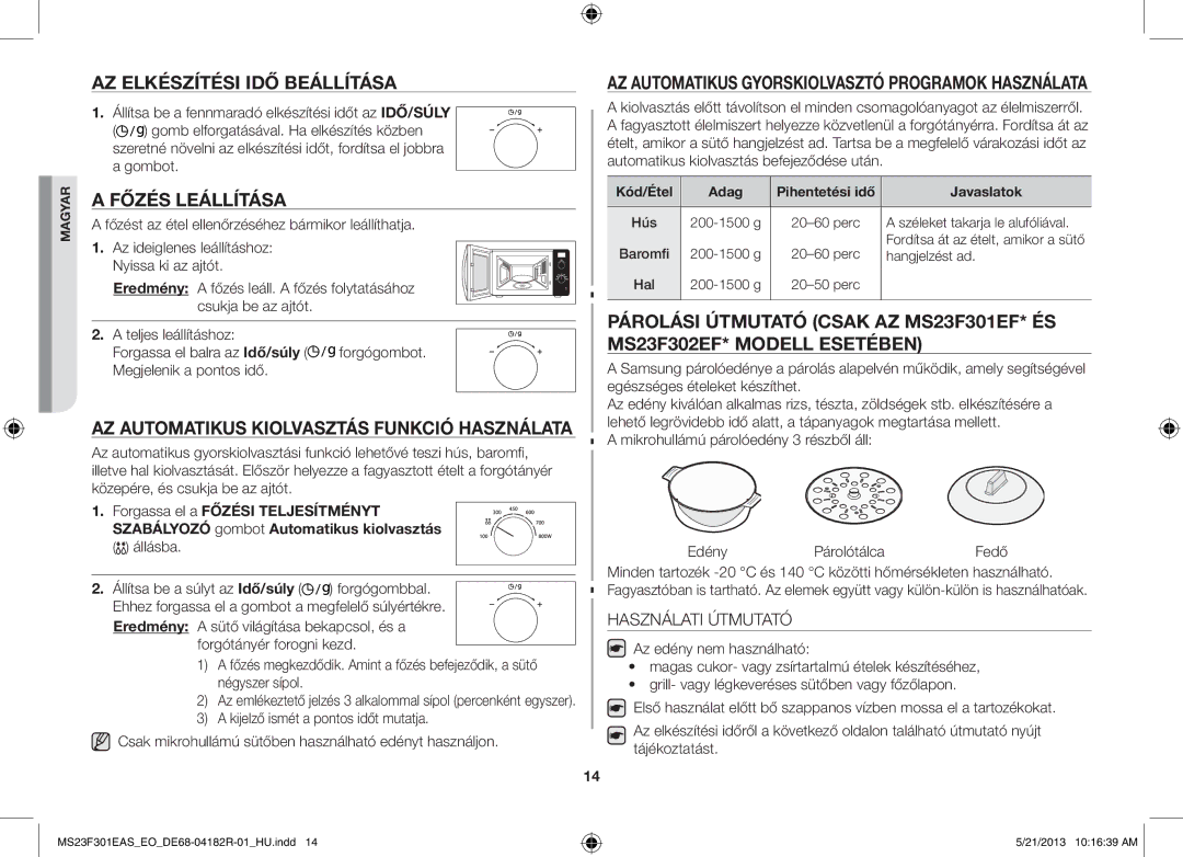 Samsung MS23F301EAW/EO, MS23F301EAS/EG, MS23F301ELW/EG AZ Elkészítési IDŐ Beállítása, Főzés Leállítása, Használati Útmutató 