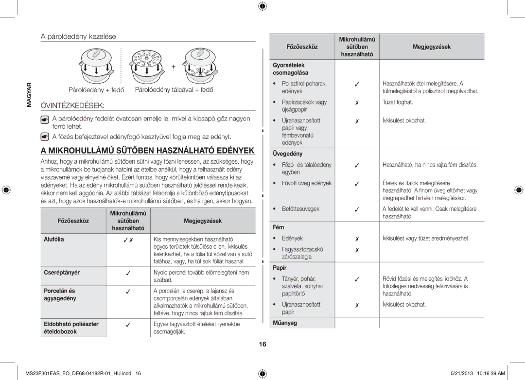 Samsung MS23F301EAS/EG, MS23F301ELW/EG manual Mikrohullámú Sütőben Használható Edények, Óvintézkedések, Párolóedény + fedő 