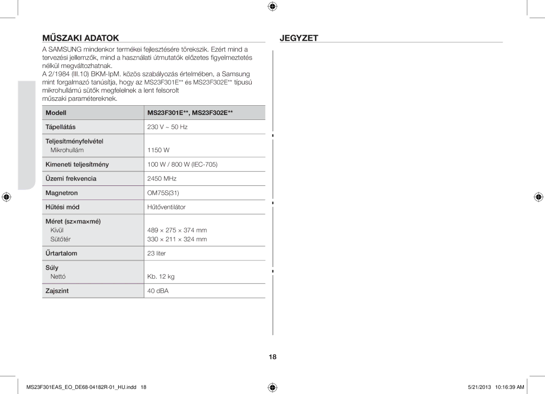Samsung MS23F301ELW/EO, MS23F301EAS/EG, MS23F301ELW/EG, MS23F301EAS/EO Műszaki Adatok Jegyzet, Modell MS23F301E**, MS23F302E 