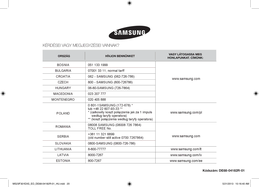 Samsung MS23F301EAW/EO, MS23F301EAS/EG, MS23F301ELW/EG, MS23F301ELW/EO, MS23F301EAS/EO, MS23F301EAW/SW Kódszám DE68-04182R-01 