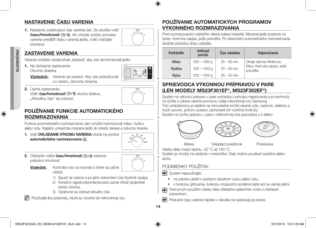 Samsung MS23F301EAS/EG manual Nastavenie Času Varenia, Zastavenie Varenia, Používanie Funkcie Automatického Rozmrazovania 