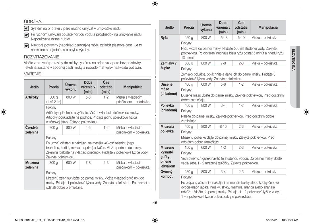 Samsung MS23F301ELW/EG, MS23F301EAS/EG, MS23F301ELW/EO, MS23F301EAS/EO, MS23F301EAW/EO manual Údržba, Rozmrazovanie, Varenie 