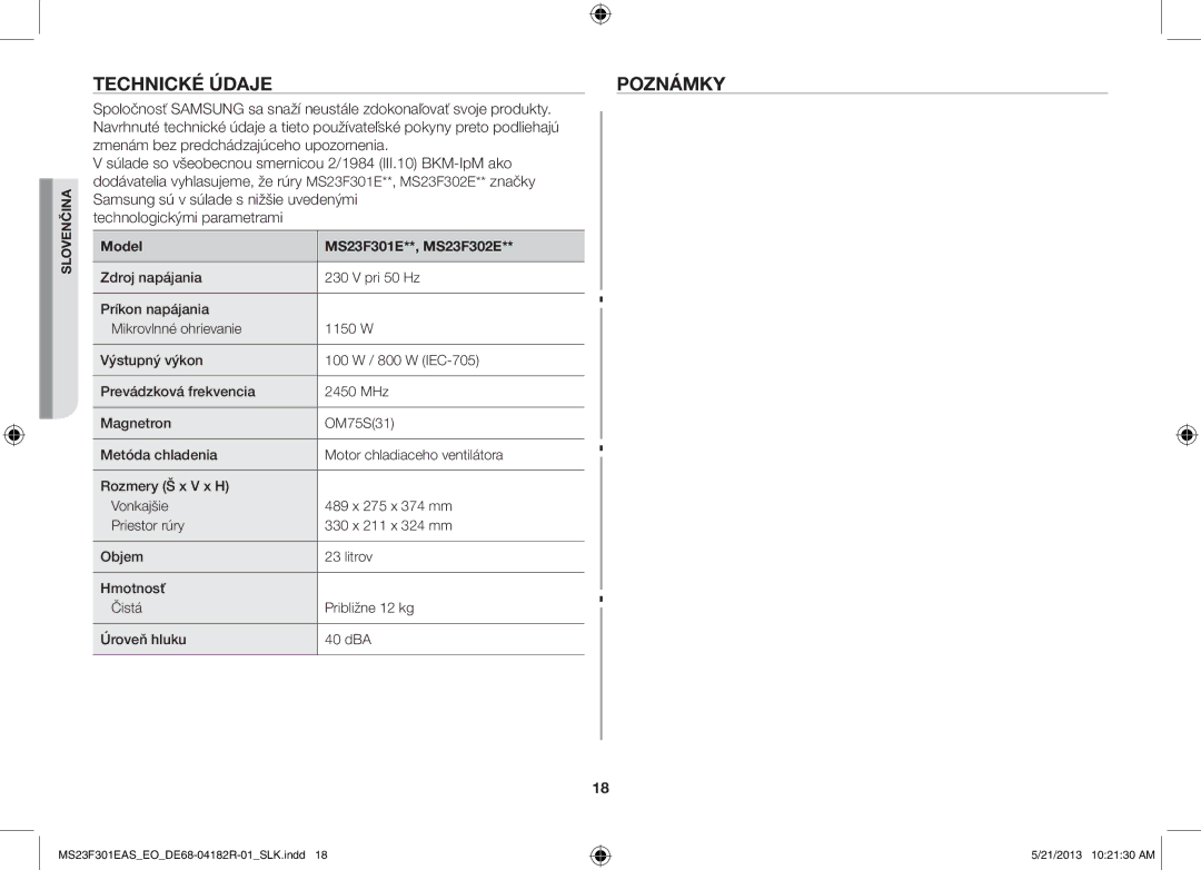 Samsung MS23F301EAW/EO, MS23F301EAS/EG, MS23F301ELW/EG manual Technické Údaje Poznámky, Model MS23F301E**, MS23F302E 