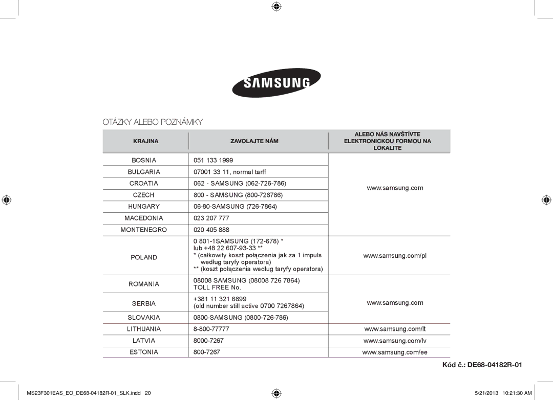 Samsung MS23F301EAS/EG, MS23F301ELW/EG, MS23F301ELW/EO, MS23F301EAS/EO, MS23F301EAW/EO manual Kód č. DE68-04182R-01, 051 133 