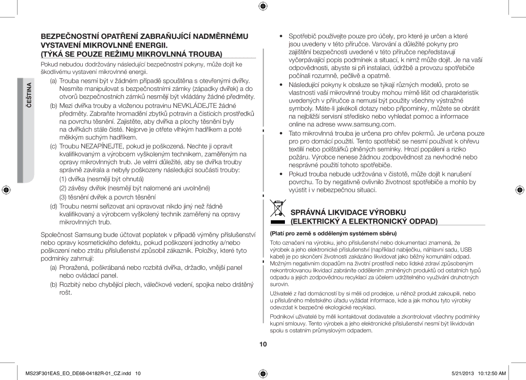 Samsung MS23F301EAW/EO, MS23F301EAS/EG, MS23F301ELW/EG manual Správná Likvidace Výrobku Elektrický a Elektronický Odpad 