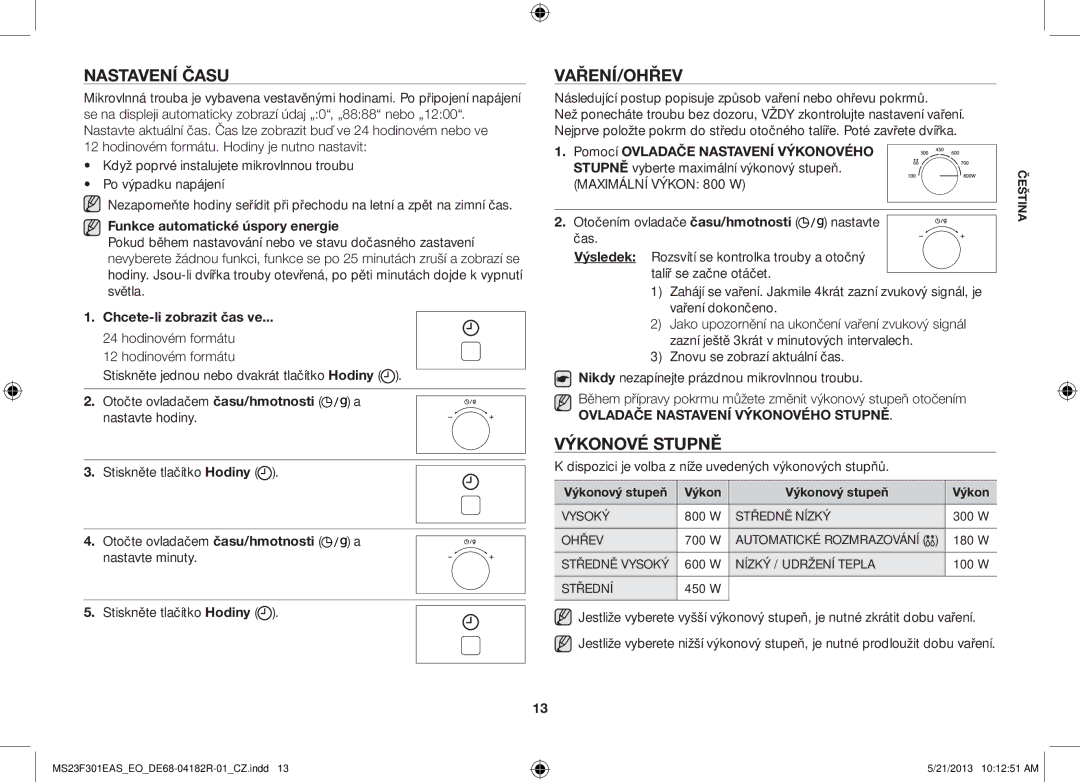 Samsung MS23F301ELW/EG, MS23F301EAS/EG, MS23F301ELW/EO, MS23F301EAS/EO manual Nastavení Času, Vaření/Ohřev, Výkonové Stupně 