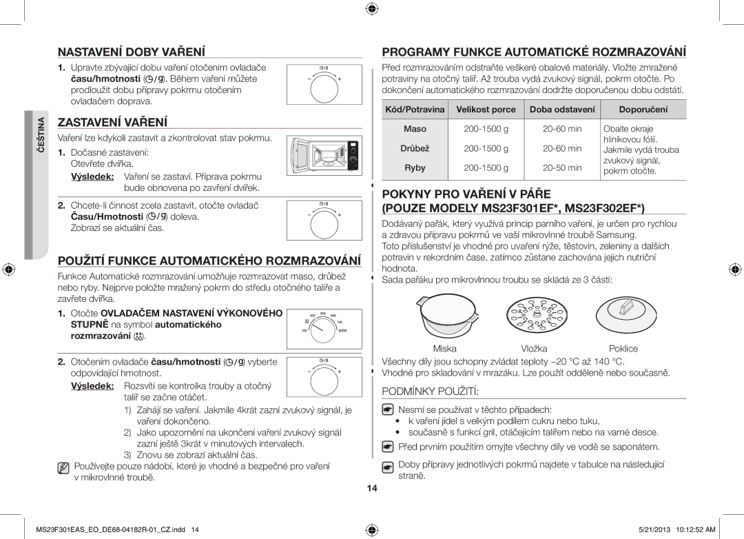 Samsung MS23F301ELW/EO, MS23F301EAS/EG Nastavení Doby Vaření, Zastavení Vaření, Použití Funkce Automatického Rozmrazování 