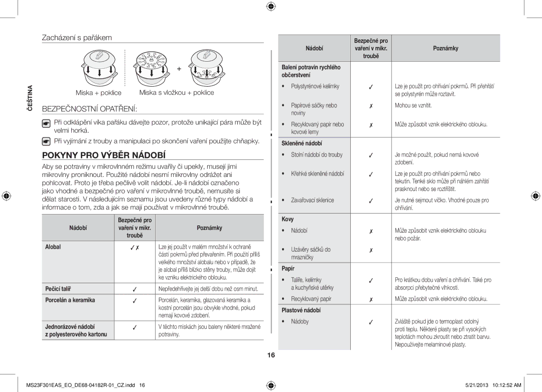 Samsung MS23F301EAW/EO, MS23F301EAS/EG, MS23F301ELW/EG manual Pokyny PRO Výběr Nádobí, Bezpečnostní Opatření, Miska + poklice 