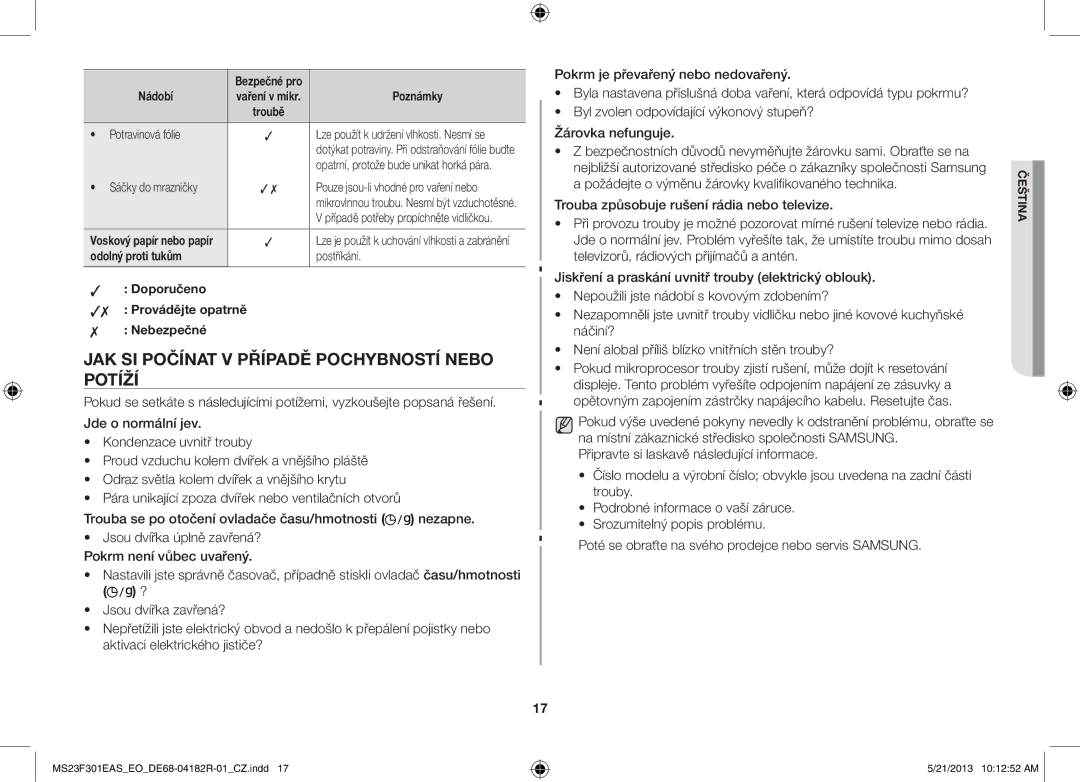 Samsung MS23F301EAW/SW, MS23F301EAS/EG, MS23F301ELW/EG JAK SI Počínat V Případě Pochybností Nebo Potíží, Odolný proti tukům 