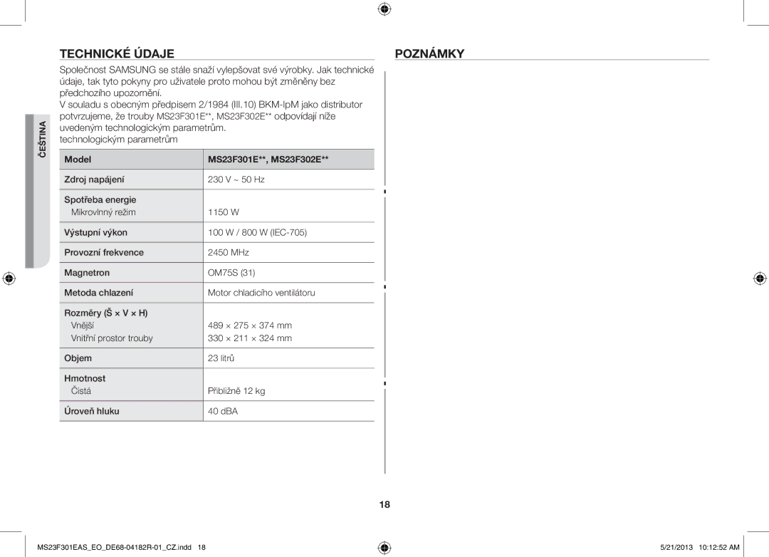 Samsung MS23F301EAS/EG, MS23F301ELW/EG, MS23F301ELW/EO, MS23F301EAS/EO, MS23F301EAW/EO manual Technické Údaje Poznámky 