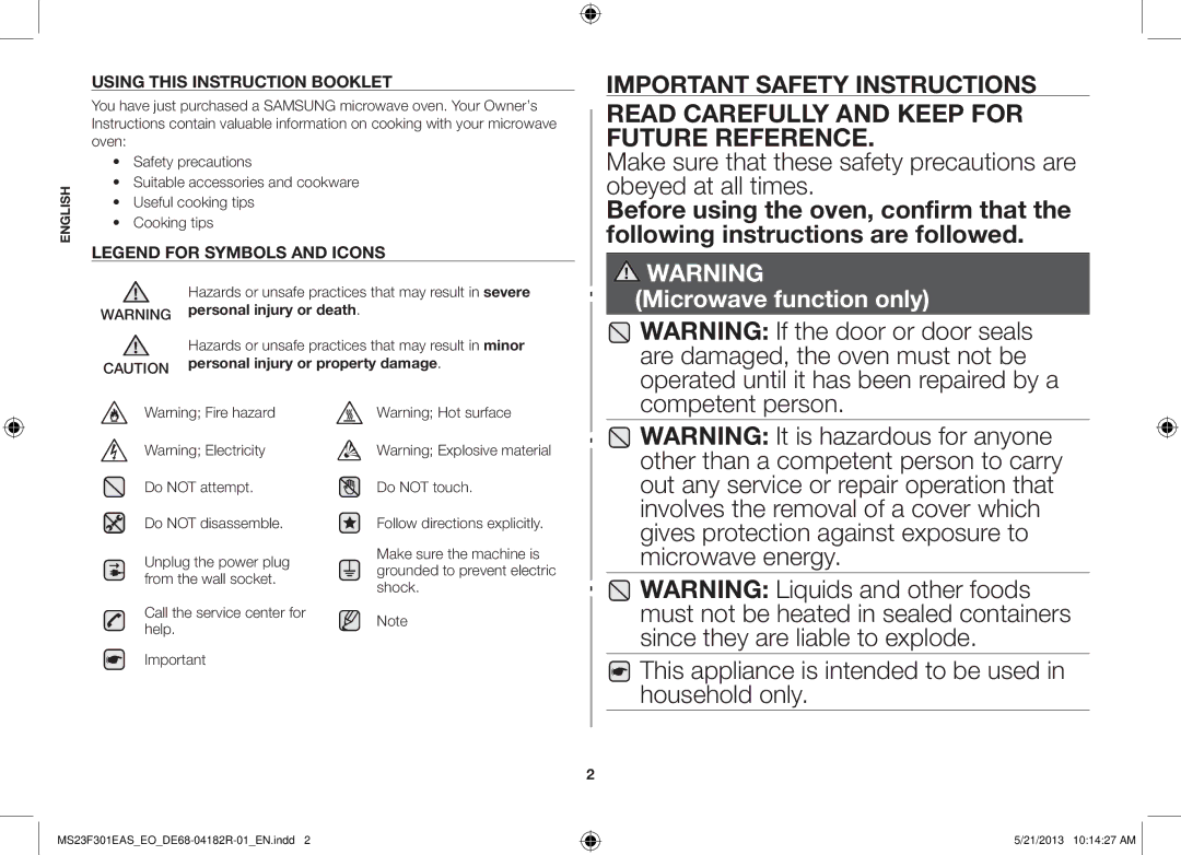 Samsung MS23F301EAW/EO, MS23F301EAS/EG Read Carefully and Keep for Future Reference, Personal injury or property damage 