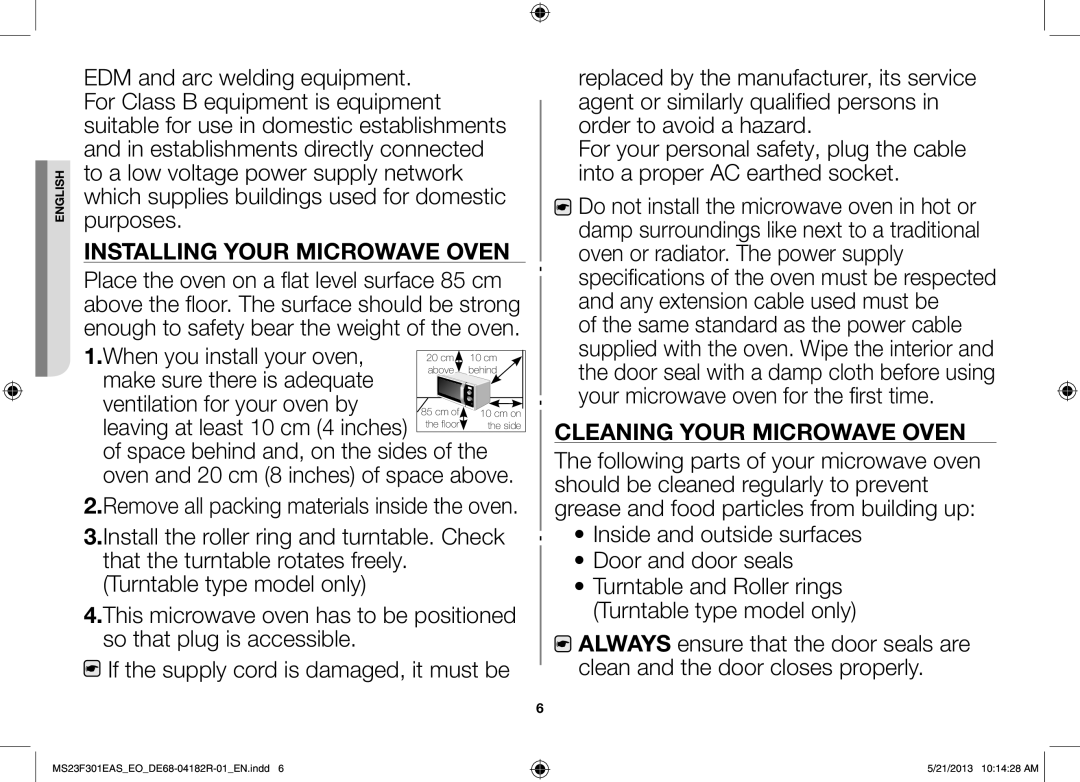 Samsung MS23F301ELW/EO, MS23F301EAS/EG, MS23F301ELW/EG manual Installing Your Microwave Oven, Cleaning Your Microwave Oven 