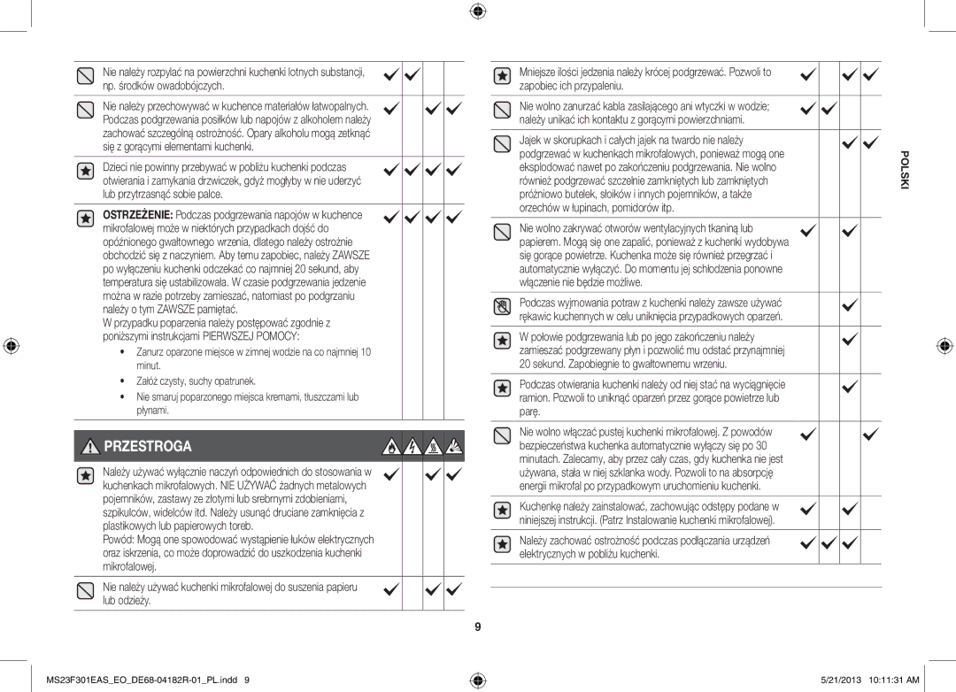 Samsung MS23F301EAS/EO, MS23F301EAS/EG, MS23F301ELW/EG, MS23F301ELW/EO, MS23F301EAW/EO, MS23F301EAW/SW manual Przestroga 