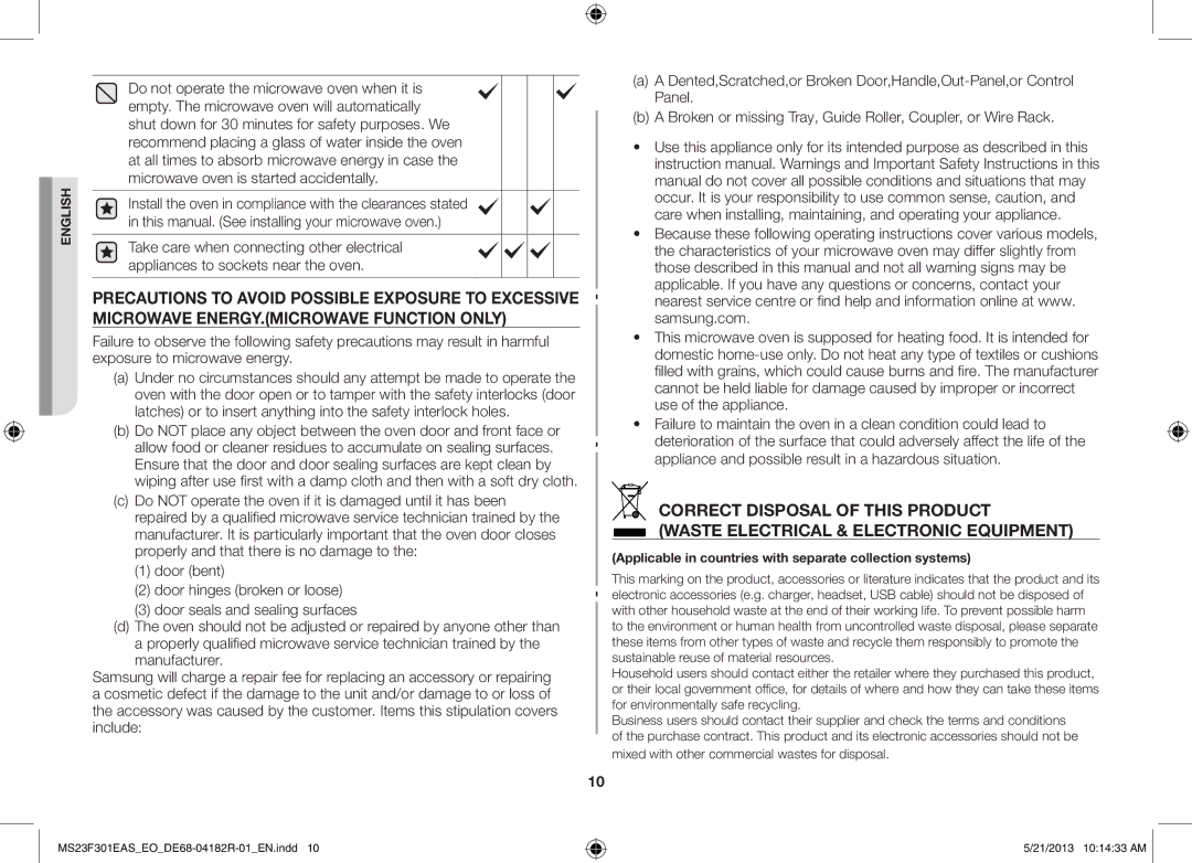 Samsung MS23F301EAS/EG, MS23F301ELW/EG, MS23F301ELW/EO manual Applicable in countries with separate collection systems 