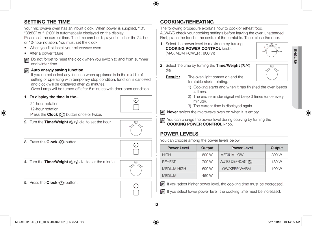 Samsung MS23F301EAS/EO Setting the Time, Cooking/Reheating, Power Levels, Auto energy saving function, To display the time 