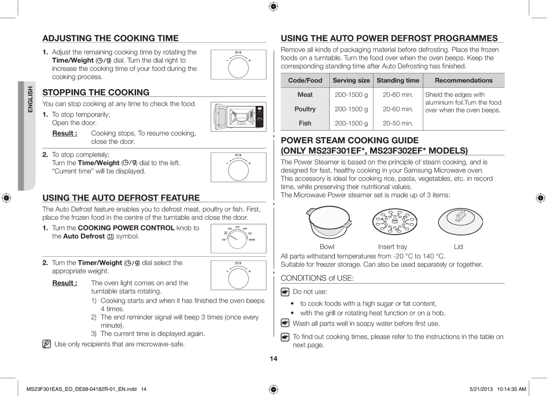 Samsung MS23F301EAW/EO, MS23F301EAS/EG Adjusting the Cooking Time, Stopping the Cooking, Using the Auto Defrost Feature 