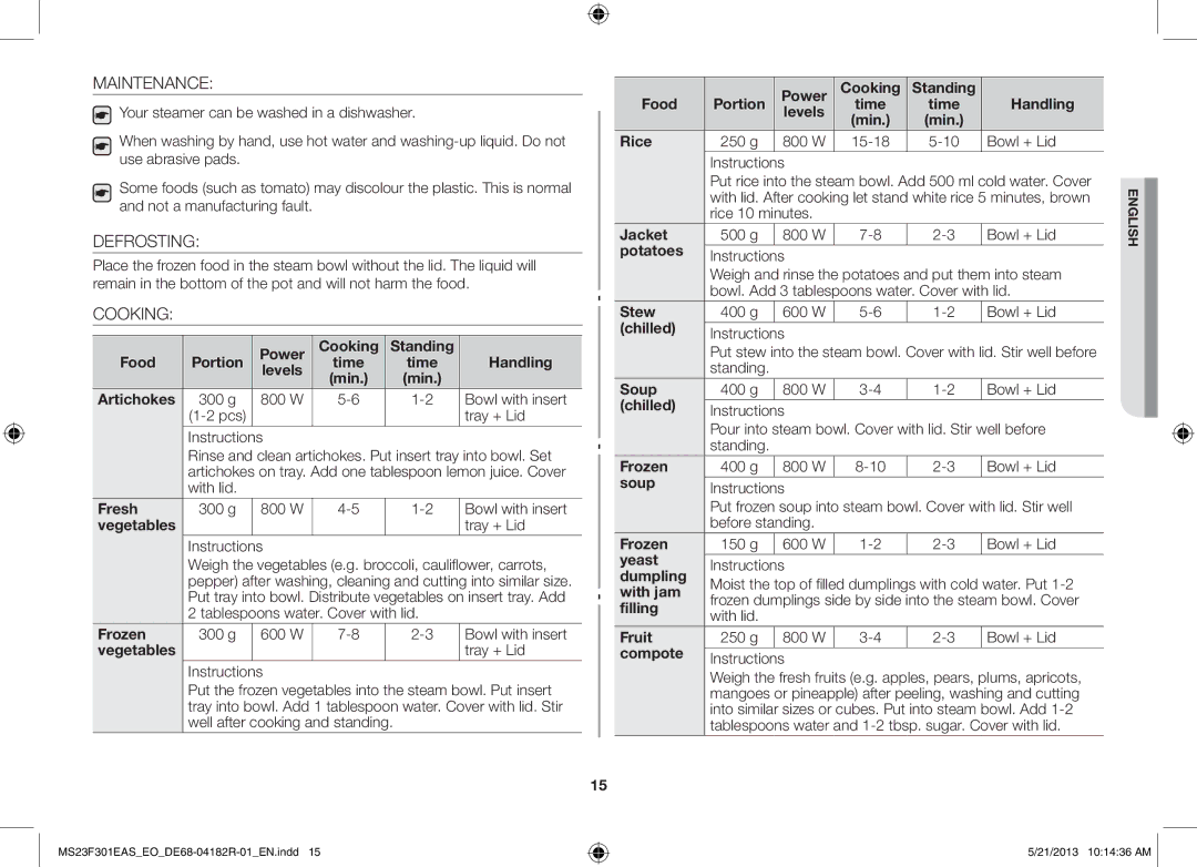 Samsung MS23F301EAW/SW, MS23F301EAS/EG, MS23F301ELW/EG, MS23F301ELW/EO, MS23F301EAS/EO manual Maintenance, Defrosting, Cooking 