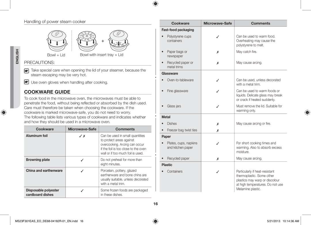 Samsung MS23F301EAS/EG, MS23F301ELW/EG, MS23F301ELW/EO, MS23F301EAS/EO, MS23F301EAW/EO manual Cookware Guide, Precautions 