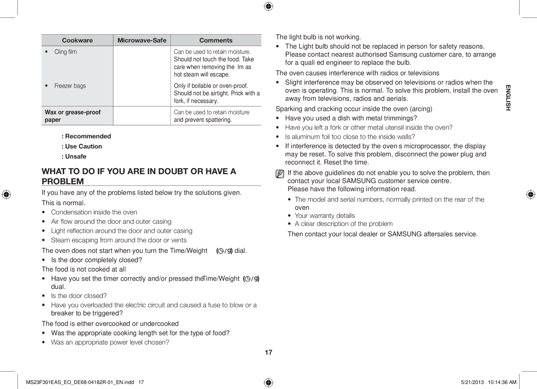 Samsung MS23F301ELW/EG, MS23F301EAS/EG What to do if YOU are in Doubt or have a Problem, Cookware Microwave-Safe Comments 