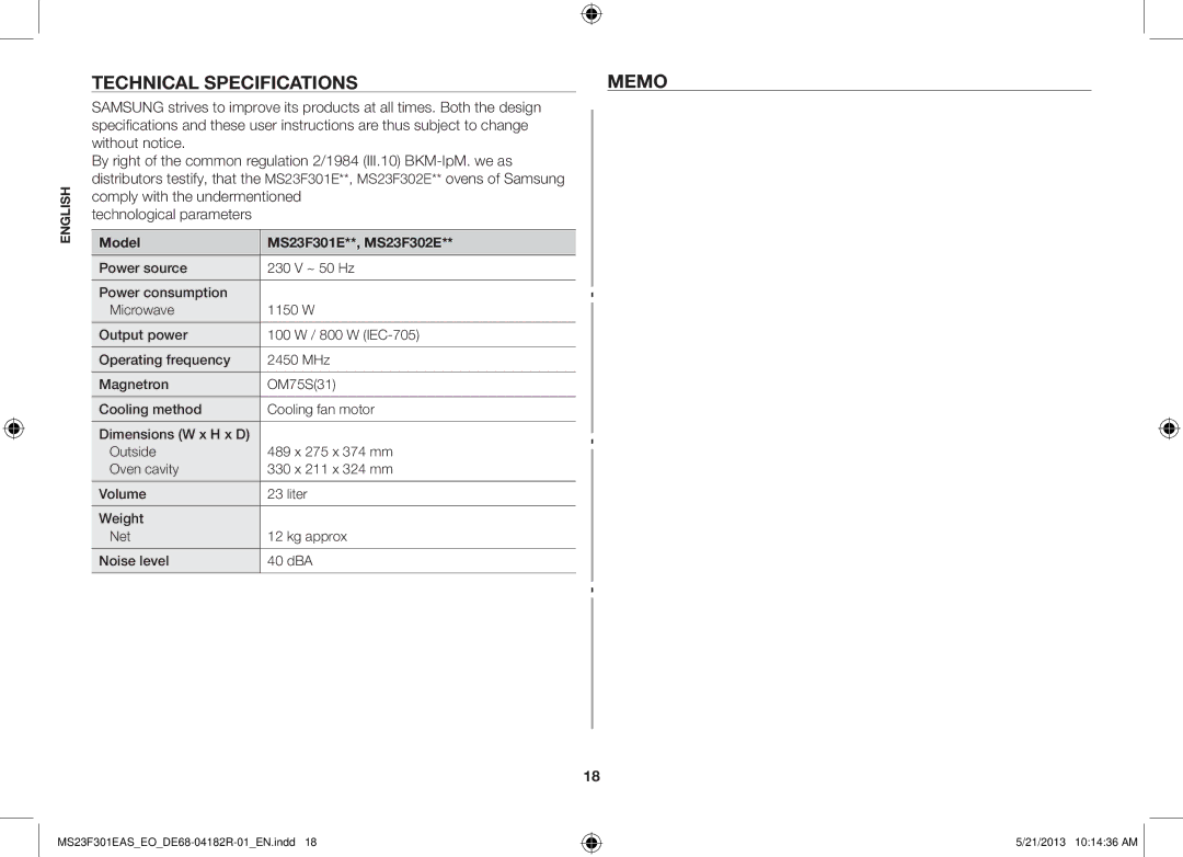 Samsung MS23F301ELW/EO, MS23F301EAS/EG, MS23F301ELW/EG manual Technical Specifications Memo, Model MS23F301E**, MS23F302E 