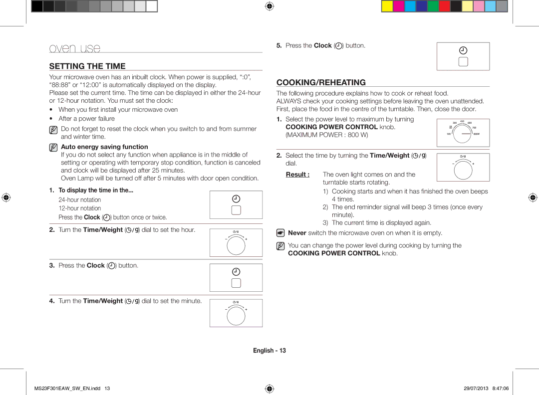 Samsung MS23F301EAW/EO Oven use, Setting the time, Cooking/Reheating, Auto energy saving function, To display the time 
