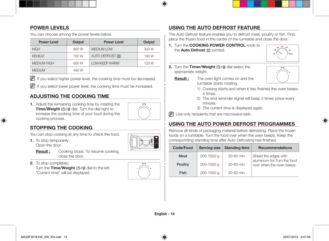 Samsung MS23F301EAW/SW Power levels, Adjusting the cooking time, Stopping the cooking, Using the auto defrost feature 