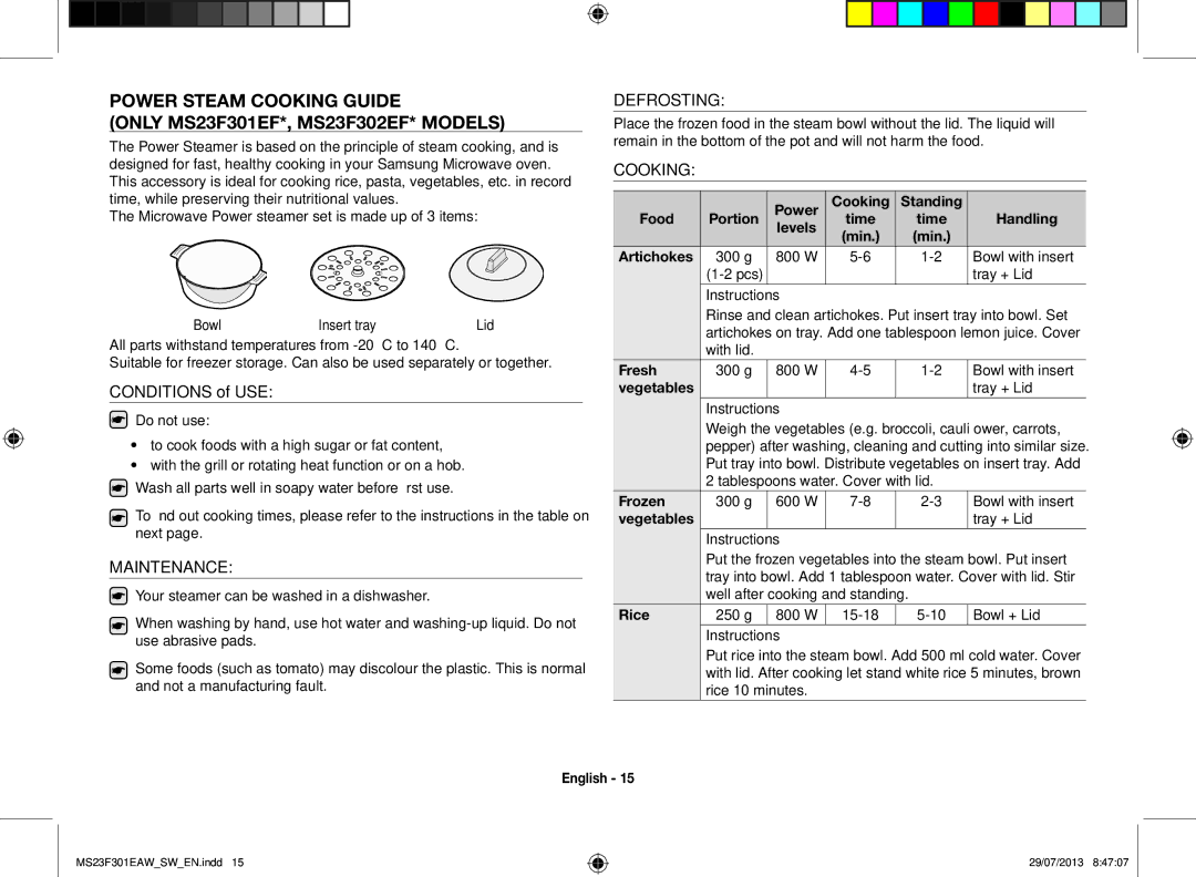 Samsung MS23F301EAS/EO, MS23F301EAW/EO, MS23F301EAW/SW manual Maintenance, Defrosting, Cooking 