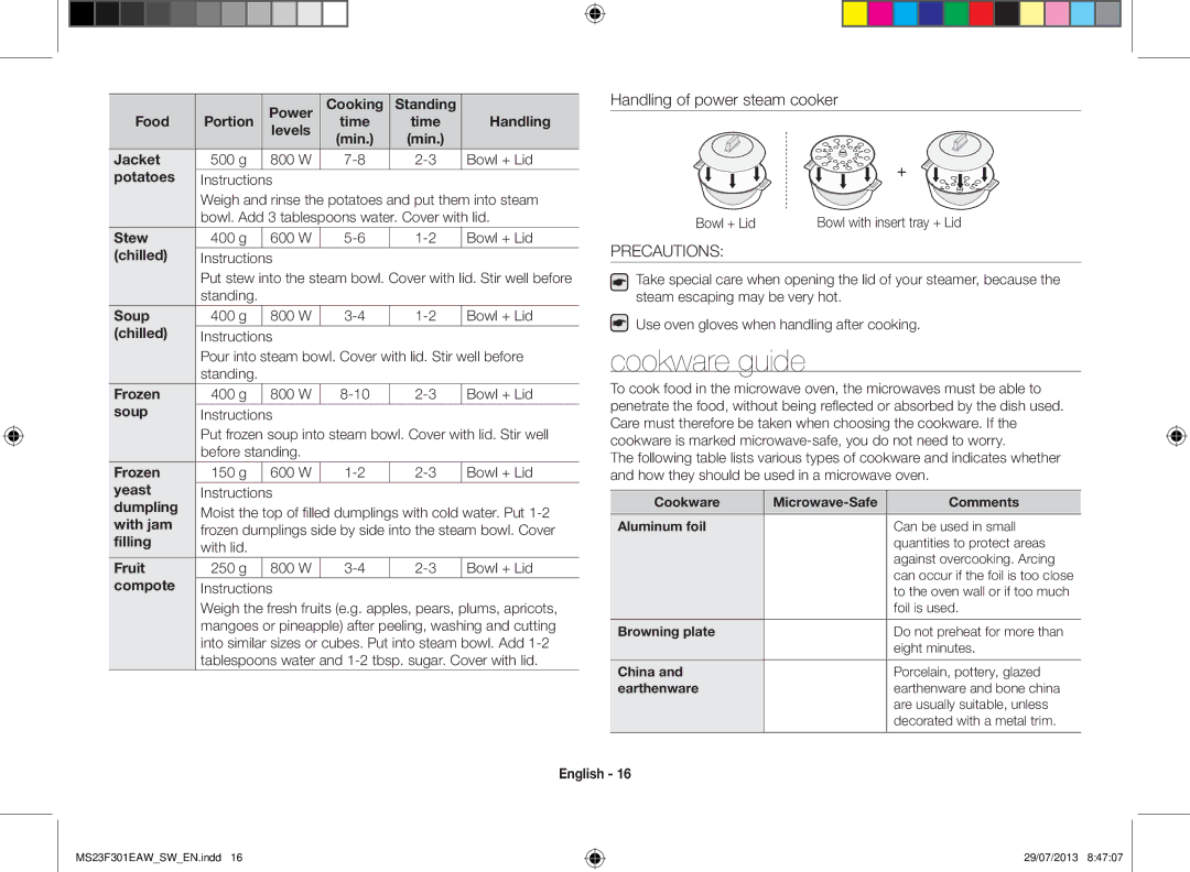 Samsung MS23F301EAW/EO, MS23F301EAS/EO, MS23F301EAW/SW manual Cookware guide, Precautions 