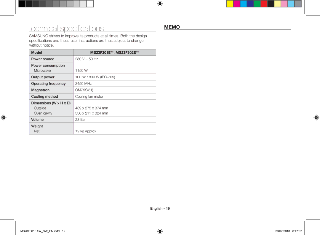 Samsung MS23F301EAW/EO manual Technical specifications, User instructions are thus subject to change Without notice 