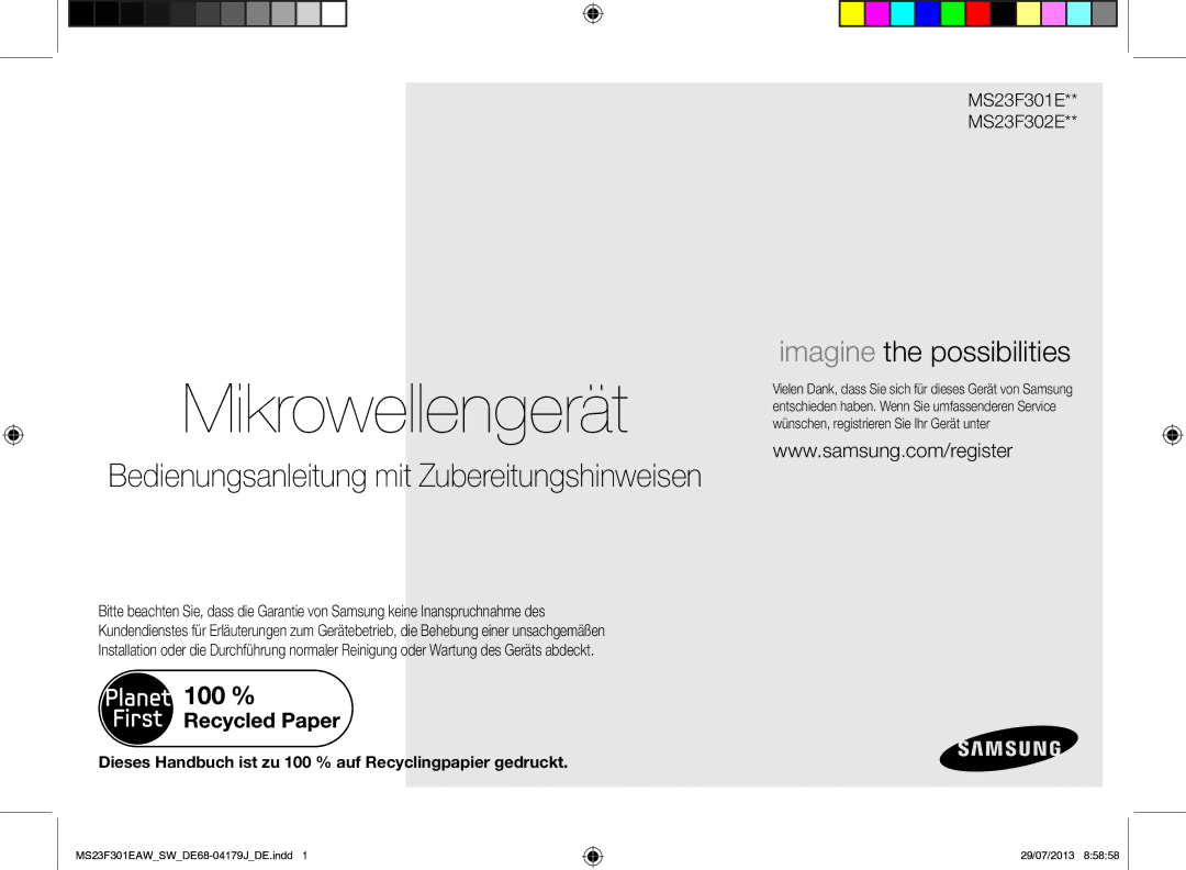 Samsung MS23F301EAS/EO, MS23F301EAW/EO, MS23F301EAW/SW manual Mikrowellengerät, Bedienungsanleitung mit Zubereitungshinweisen 