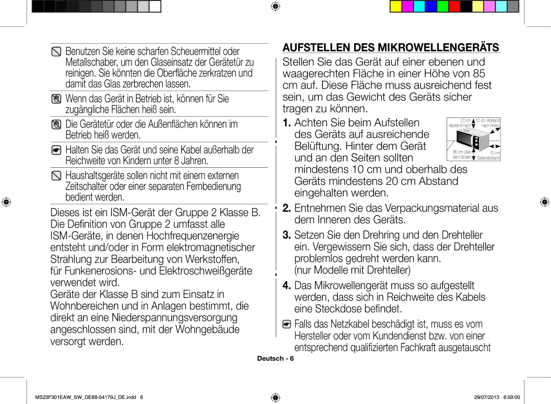 Samsung MS23F301EAW/SW, MS23F301EAS/EO, MS23F301EAW/EO manual Aufstellen des Mikrowellengeräts 