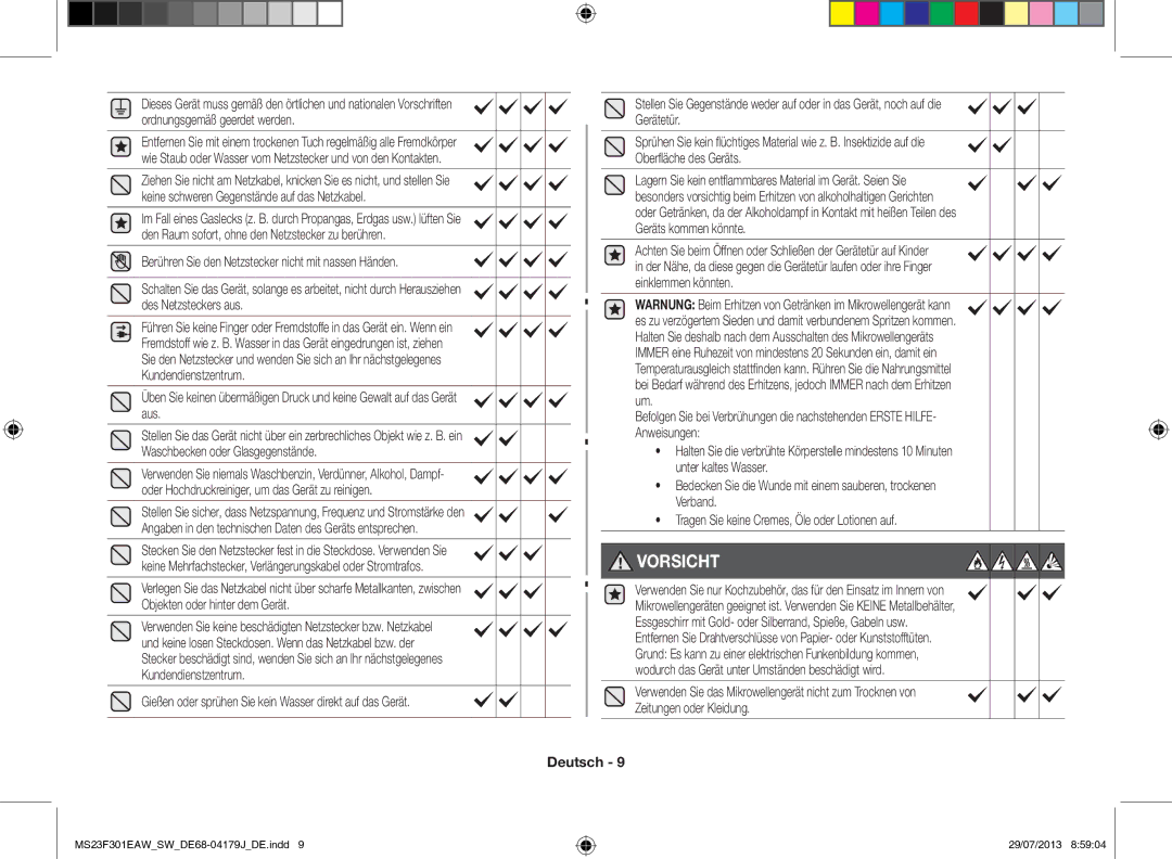 Samsung MS23F301EAW/SW, MS23F301EAS/EO, MS23F301EAW/EO manual Vorsicht 