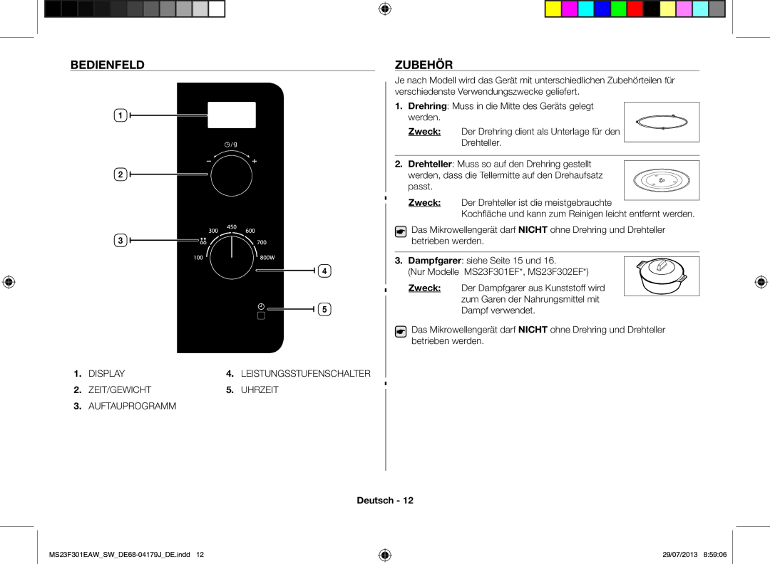 Samsung MS23F301EAW/SW, MS23F301EAS/EO, MS23F301EAW/EO manual Bedienfeld, Zubehör 