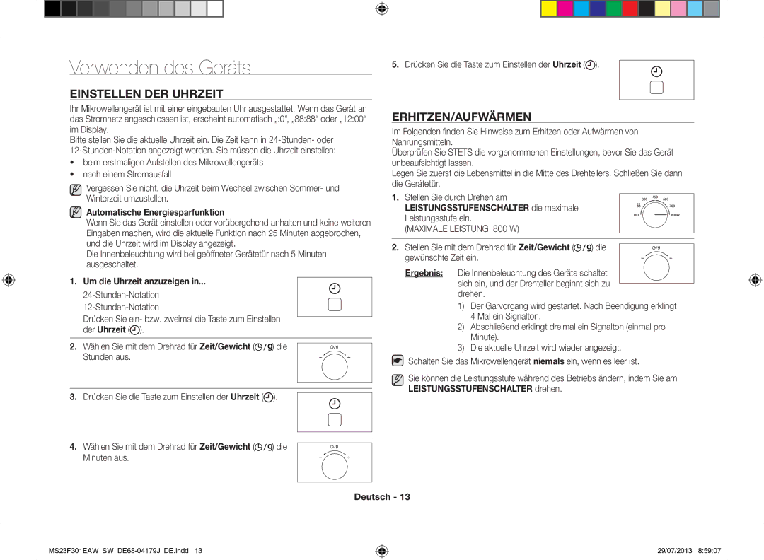 Samsung MS23F301EAS/EO Verwenden des Geräts, Einstellen der Uhrzeit, Erhitzen/Aufwärmen, Automatische Energiesparfunktion 