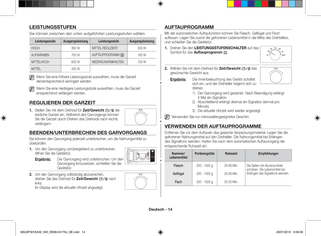 Samsung MS23F301EAW/EO manual Leistungsstufen, Regulieren der Garzeit, Beenden/Unterbrechen des Garvorgangs, Auftauprogramm 