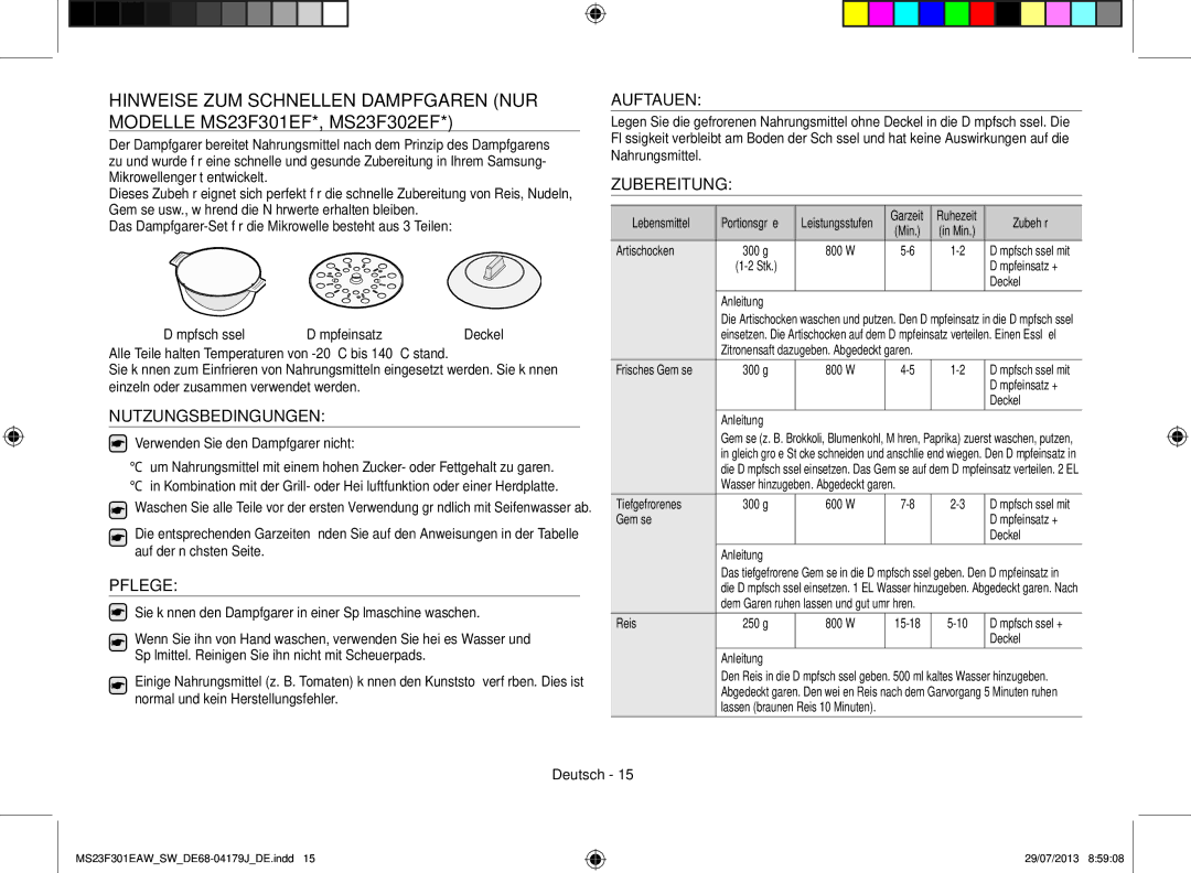 Samsung MS23F301EAW/SW, MS23F301EAS/EO, MS23F301EAW/EO manual Nutzungsbedingungen, Pflege, Auftauen, Zubereitung 