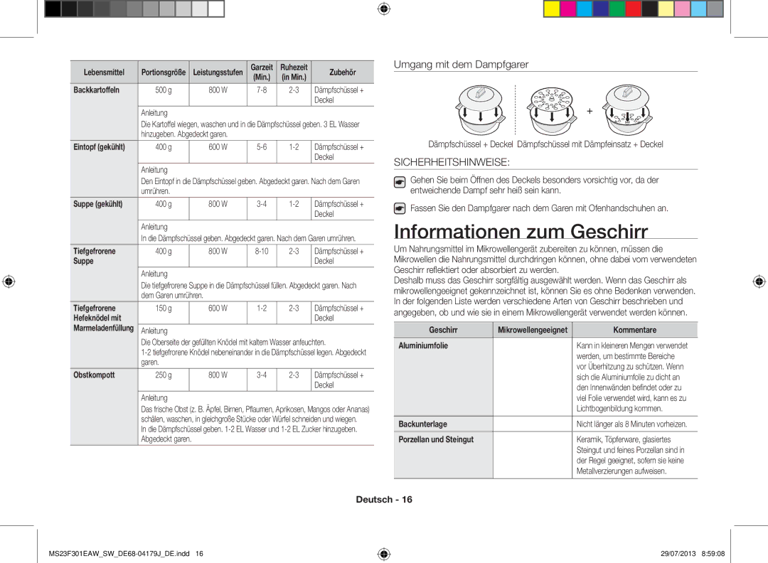 Samsung MS23F301EAS/EO, MS23F301EAW/EO, MS23F301EAW/SW manual Informationen zum Geschirr, Sicherheitshinweise 