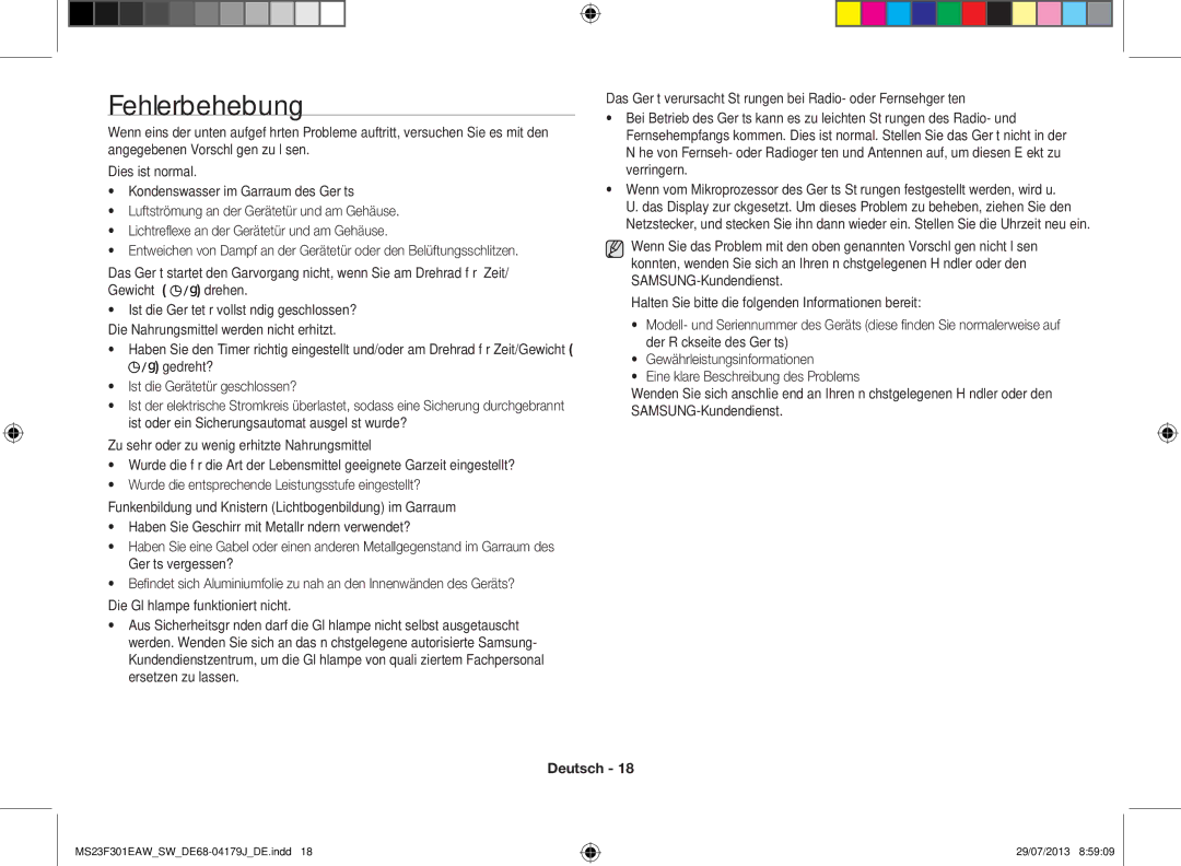 Samsung MS23F301EAW/SW, MS23F301EAS/EO, MS23F301EAW/EO manual Fehlerbehebung 