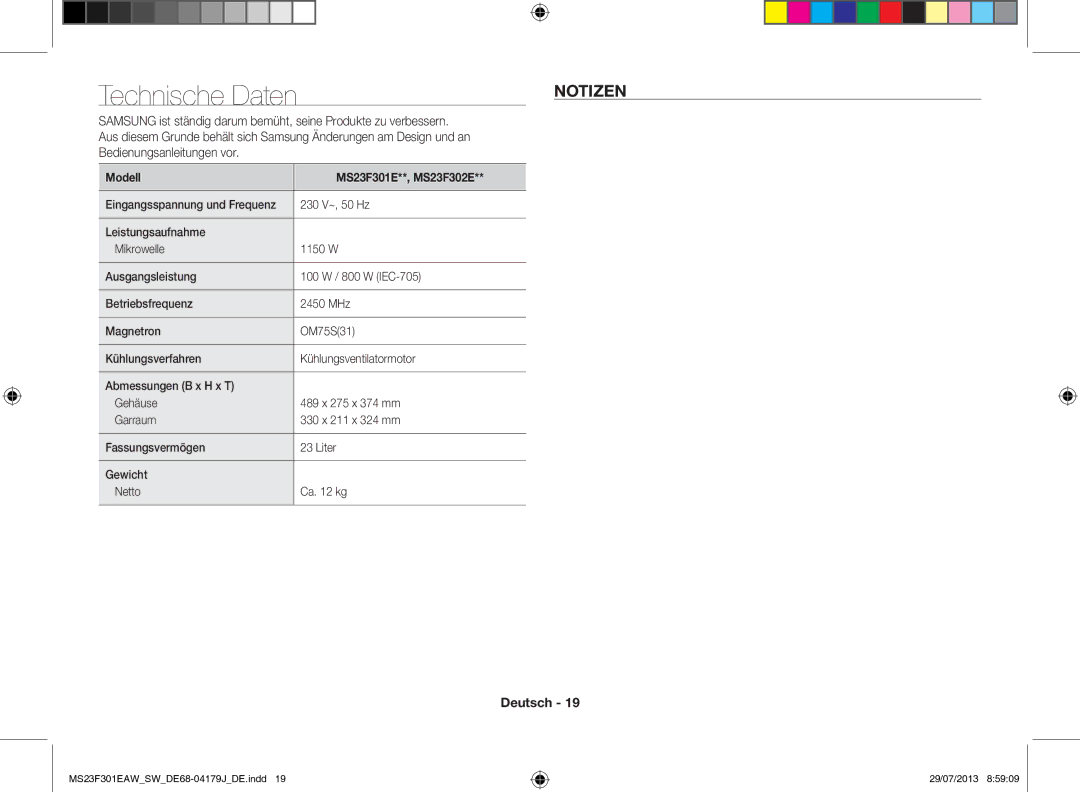 Samsung MS23F301EAS/EO, MS23F301EAW/EO, MS23F301EAW/SW manual Technische Daten, Modell MS23F301E**, MS23F302E 