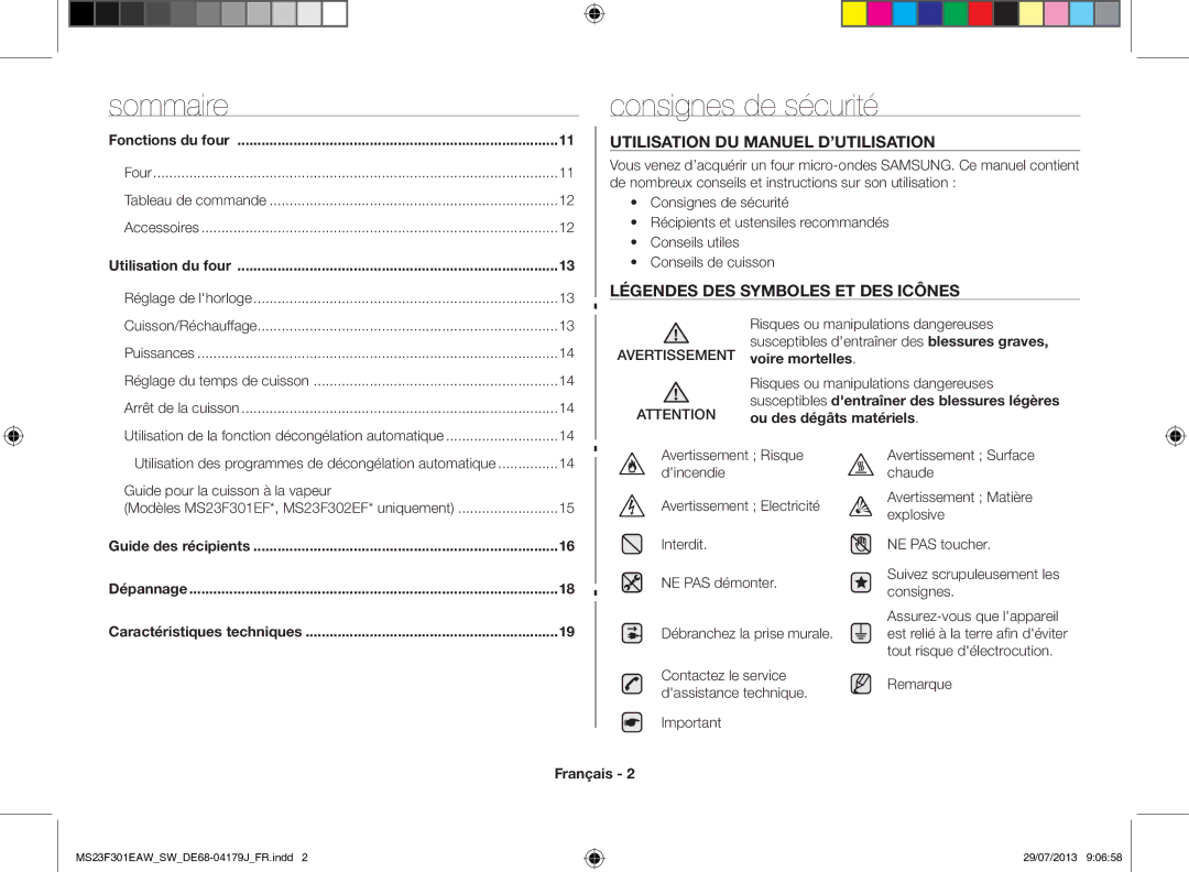 Samsung MS23F301EAS/EO manual Consignes de sécurité, Four Tableau de commande Accessoires, Réglage de lhorloge, Remarque 