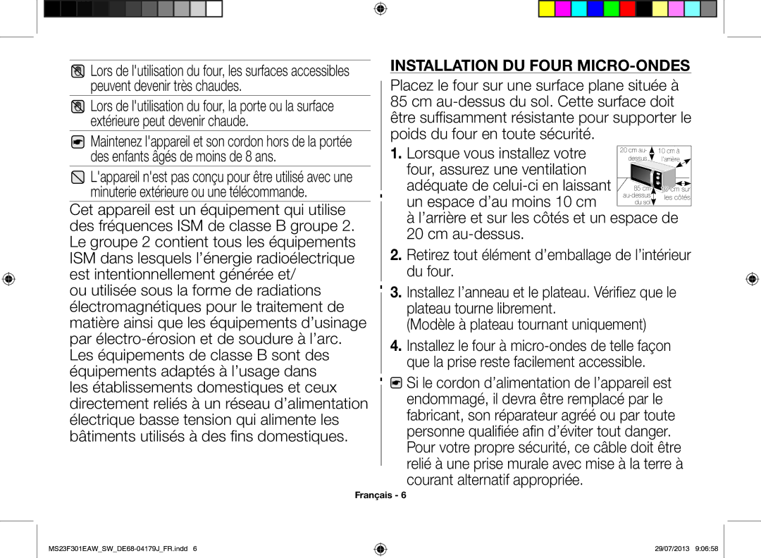 Samsung MS23F301EAW/EO, MS23F301EAS/EO, MS23F301EAW/SW manual Installation du four micro-ondes 