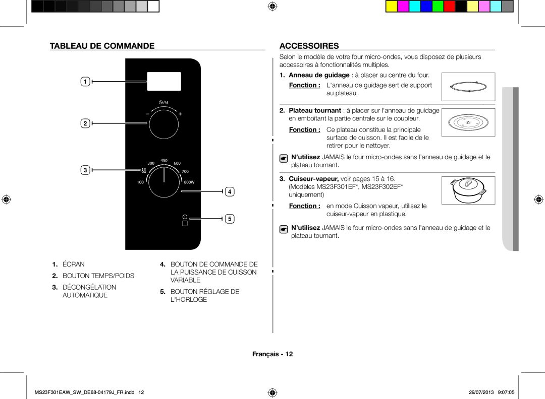 Samsung MS23F301EAW/EO, MS23F301EAS/EO, MS23F301EAW/SW manual Tableau de commande Accessoires 