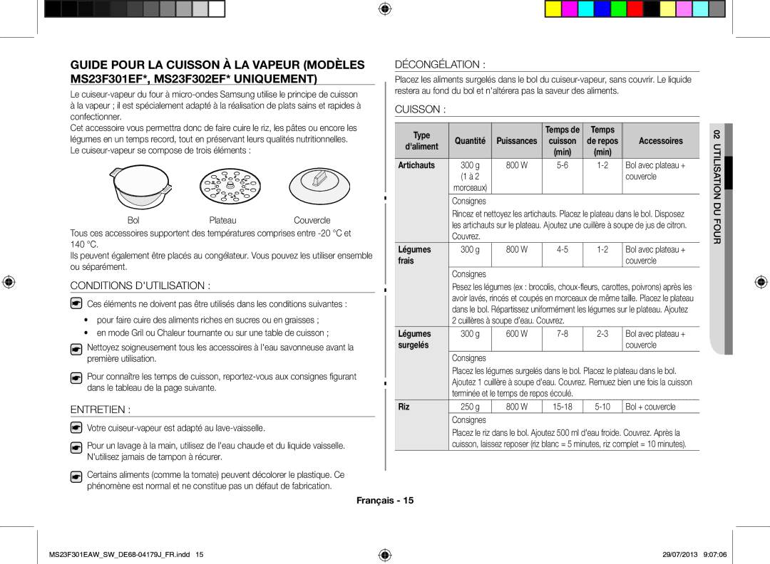 Samsung MS23F301EAW/EO, MS23F301EAS/EO, MS23F301EAW/SW manual Conditions Dutilisation, Entretien, Décongélation, Cuisson 