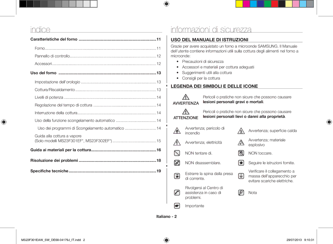 Samsung MS23F301EAW/SW, MS23F301EAS/EO manual Informazioni di sicurezza, Forno Pannello di controllo Accessori, Italiano 