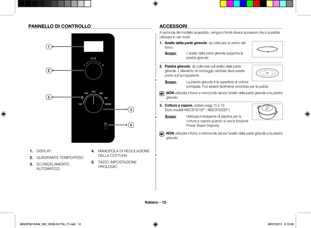 Samsung MS23F301EAS/EO manual Pannello di controllo, Accessori, Anello della parte girevole, da collocare al centro del 