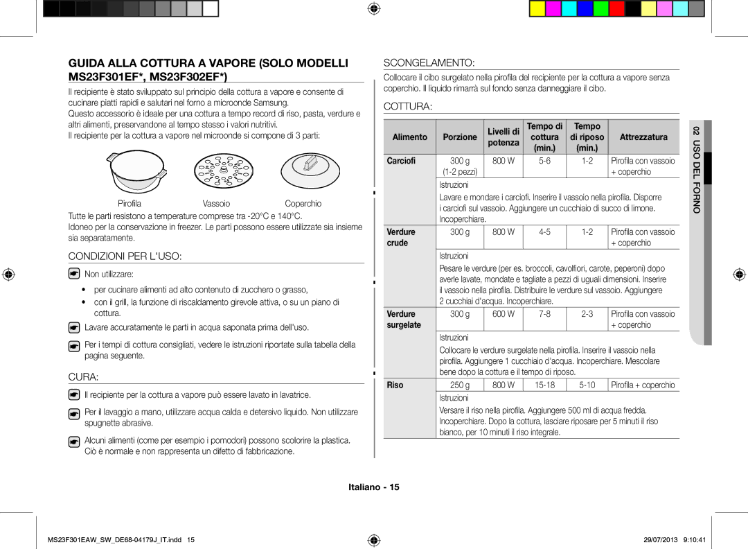 Samsung MS23F301EAS/EO, MS23F301EAW/EO, MS23F301EAW/SW manual Condizioni PER Luso, Cura, Scongelamento, Cottura 